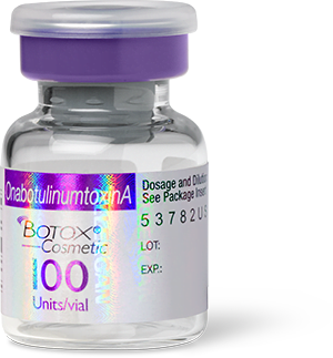 Glass vial containing Botox Cosmetic, the brand name for onabotulinumtoxinA, a wrinkle reducer that is injected into the muscles to temporarily relax expressions that cause dynamic wrinkles. Purple and white label with Allergan hologram and sealed lid, 100 units/vial. Botox is a white powder that is reconstituted using sterile saline in the vial  at the time of injection.